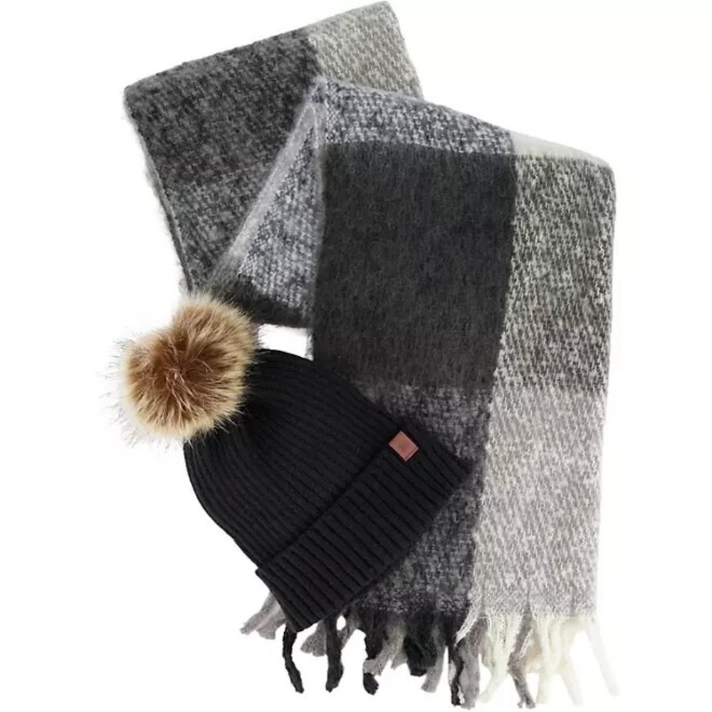 Lucky Brand Womens Hat and Scarf Set Grey Faux Fur Pom Beanie Fringe Scarf NEW